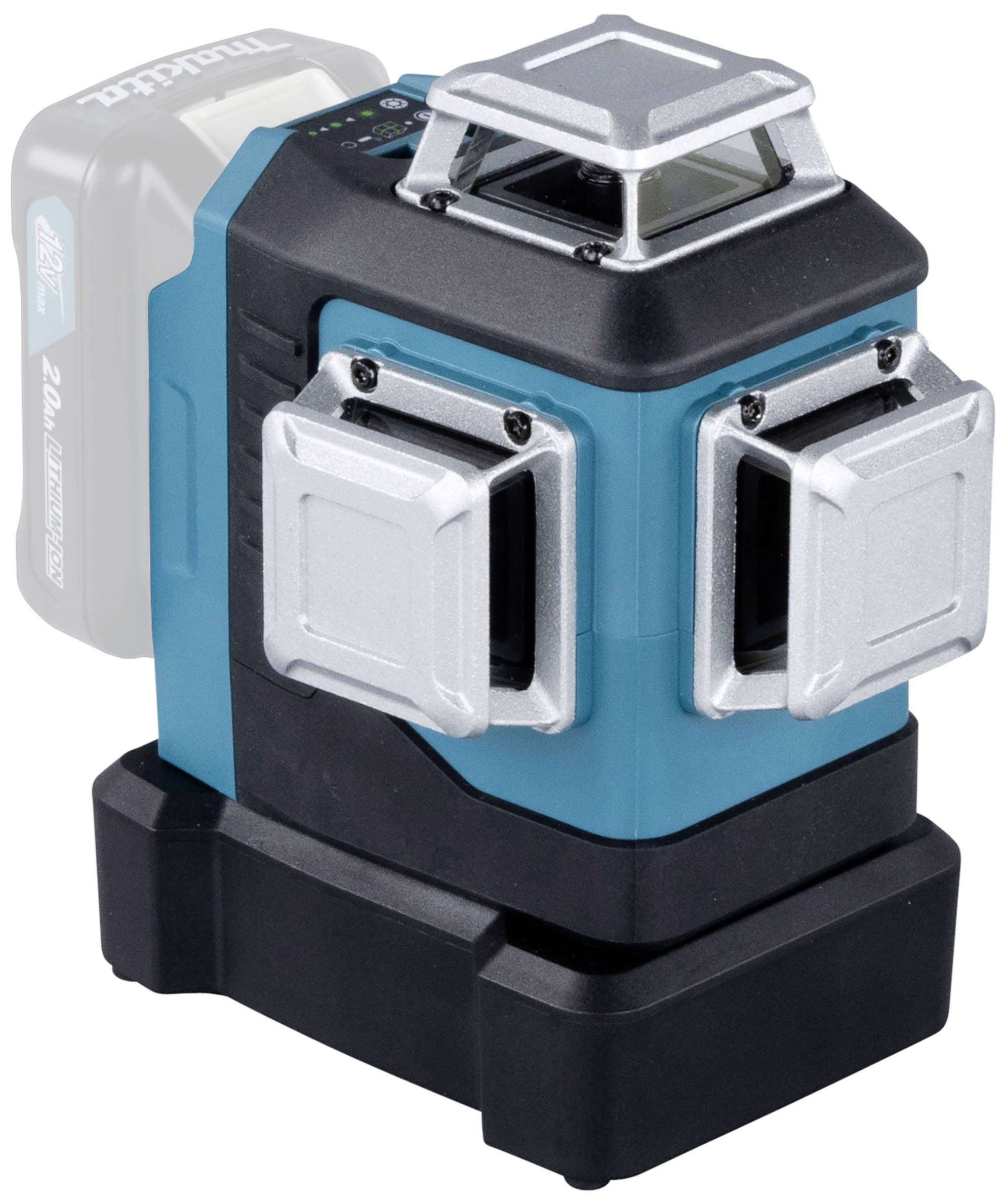 Un laser a linee incrociate blu, alimentato a batteria, con due proiezioni verticali e una orizzontale; ideale per applicazioni edili.