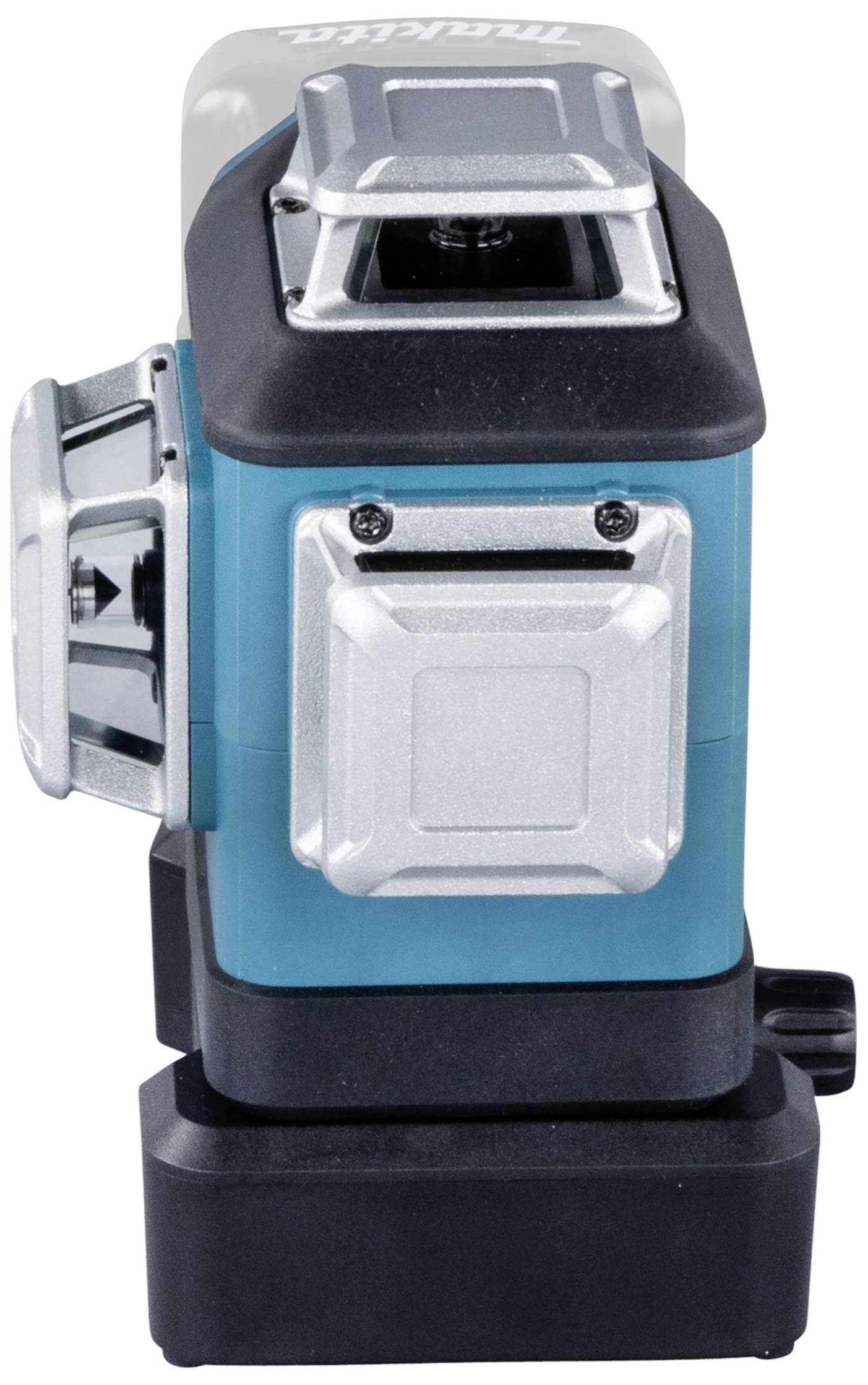 Strumento laser con impugnatura nera e involucro nero-blu, idoneo per lavori di misurazione di precisione, mostrato in vista laterale.