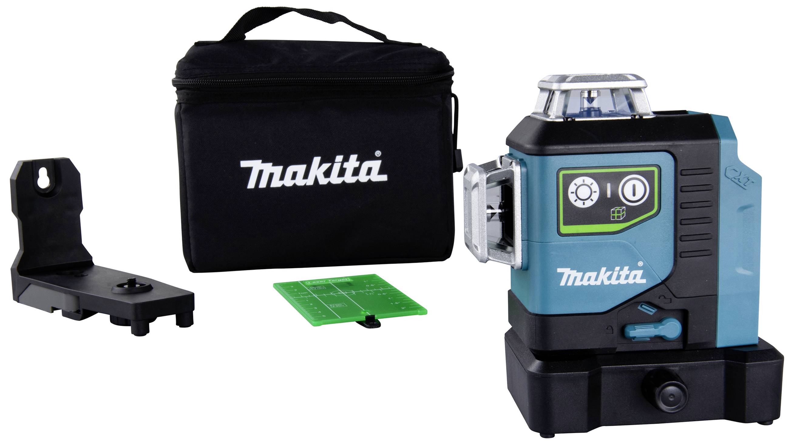 Strumento di livellamento laser Makita con borsa, supporto a parete e carta target verde. Ideale per lavori edili e di ristrutturazione precisi.
