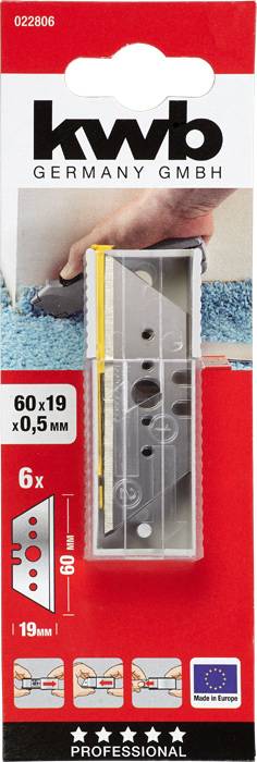'KWB Germany GmbH' Custodia per lame con sei lame di ricambio, dimensioni 60x19x0,5 mm; Prodotto in Europa. L'immagine mostra la posa di un pavimento sullo sfondo.