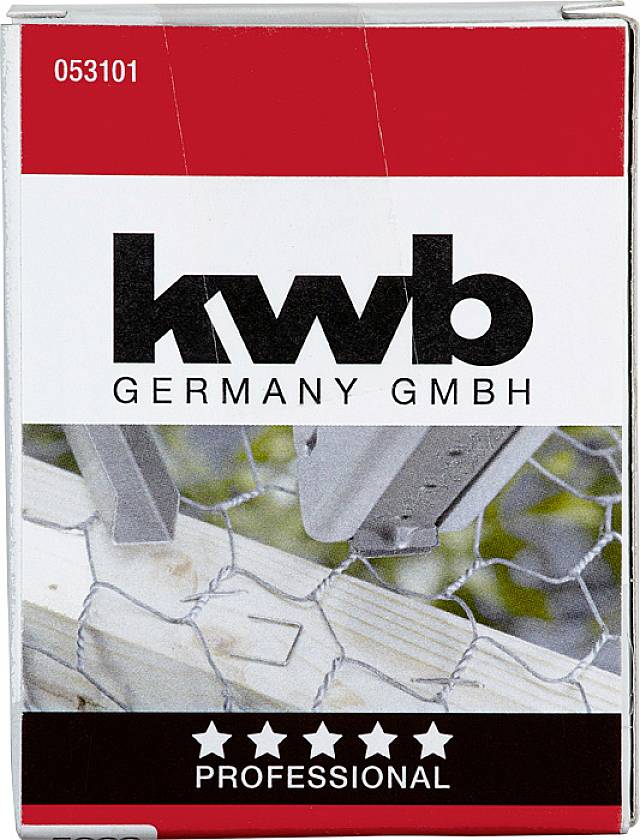 Un'etichetta di 'KWB Germany GmbH' mostra una griglia metallica e legno. In basso c'è scritto 'Professional' con cinque stelle.