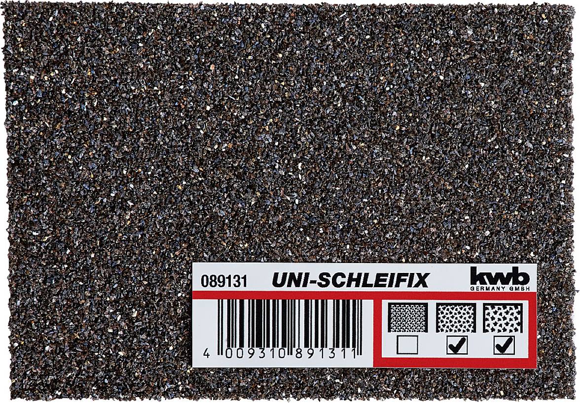 Immagine di carta vetrata con la scritta 'UNI-SCHLEIFIX' e un numero di codice a barre. Il logo del produttore 'kwb GERMANY GMBH' è visibile.