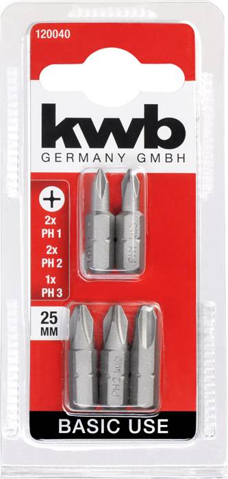 Un set di cinque punte per avvitatore del marchio 'kwb', adatte per viti Phillips di varie dimensioni, taglie PH 1, PH 2 e PH 3.