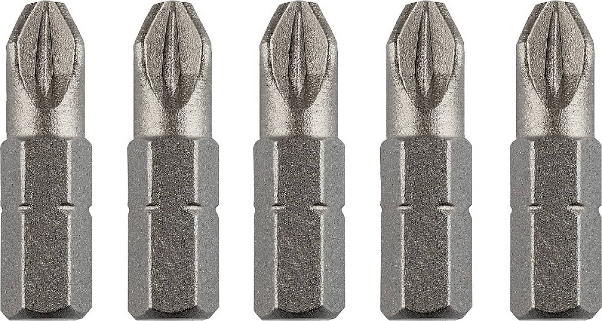 Cinque bit a croce identici in fila. I bit sono di colore grigio metallizzato e hanno un gambo esagonale.