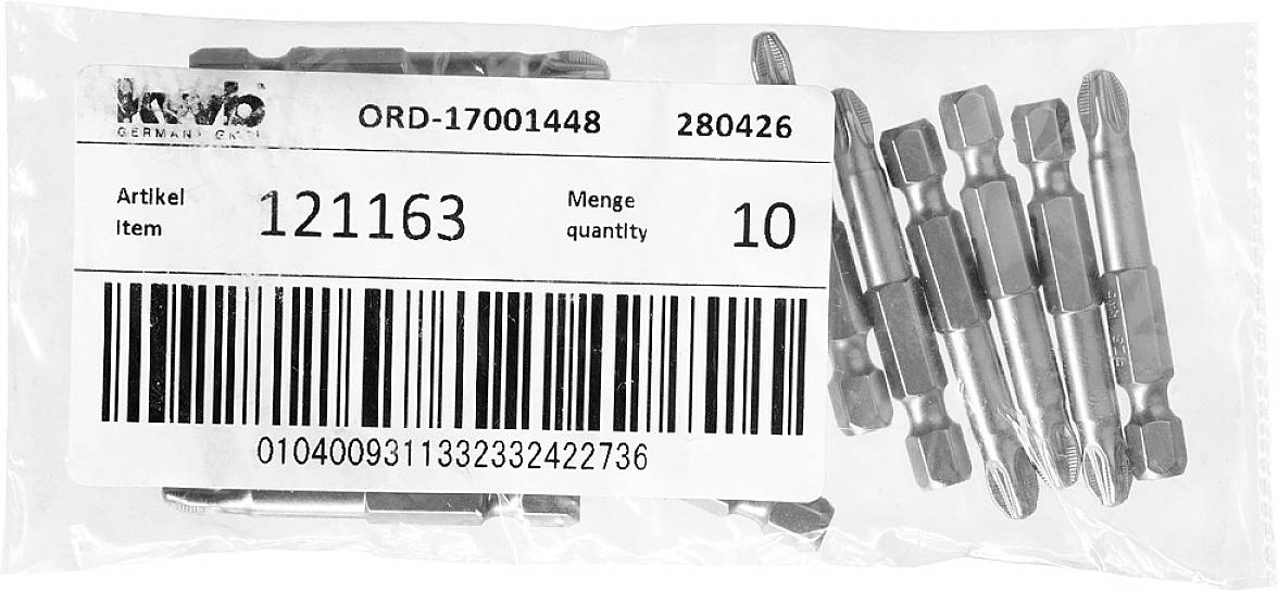 Una confezione con dieci punte per cacciavite in argento. La confezione riporta il codice articolo '121163' e un codice a barre.