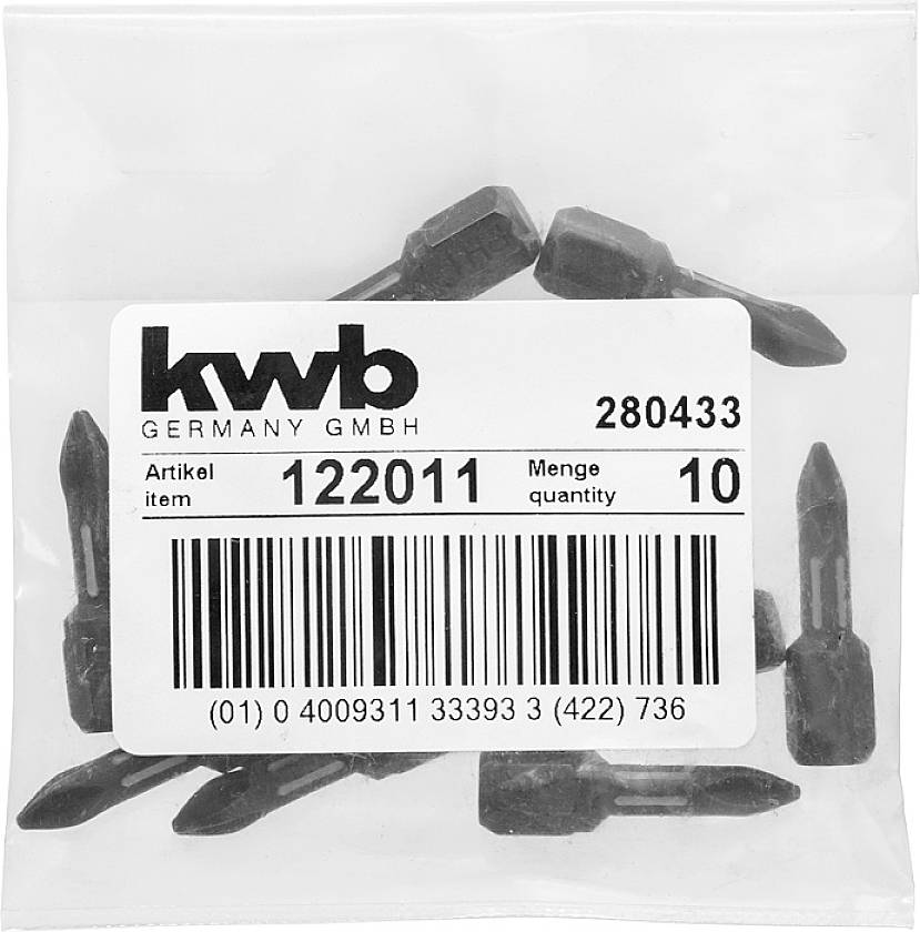 Un sacchetto di plastica contenente dieci punte per cacciavite nere, etichettato con 'kwb Germany GmbH', codice articolo '122011'.