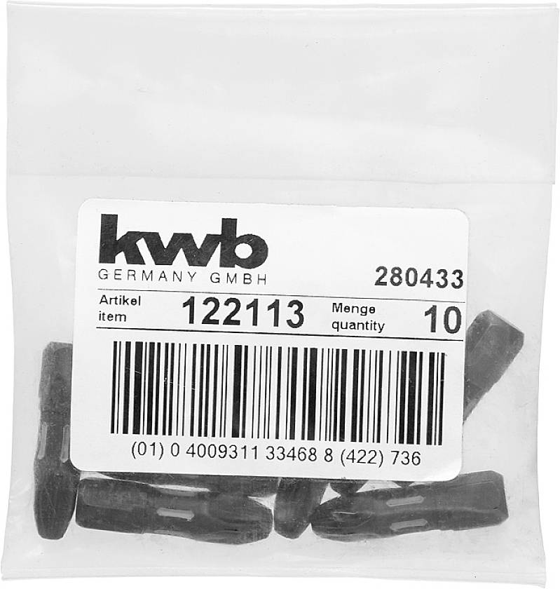 Confezione in plastica con etichetta a codice a barre della ditta 'kwb'. Codice articolo: 122113, Quantità: 10 pezzi. Contiene tasselli neri.