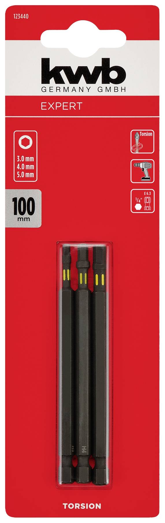 'Tre punte di torsione da 100 mm di KWB per viti con dimensioni 3,0 mm, 4,0 mm, 5,0 mm, confezionate in un blister rosso.'