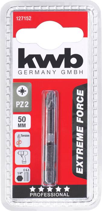 Confezione con inserto per cacciavite di 'kwb Germany GmbH', misura PZ2, lunghezza 50 mm, con etichetta 'Extreme Force', qualità professionale.