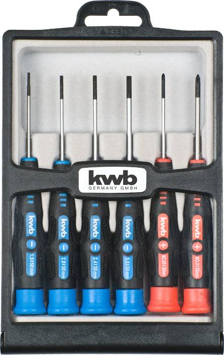 Un set di otto cacciaviti di precisione in blu e rosso, con il logo 'kwb Germany GmbH' visibile sulla confezione.