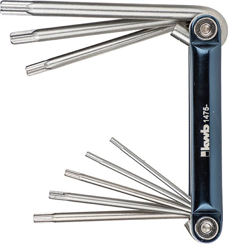 Utensile multifunzionale con più punte metalliche pieghevoli di diverse dimensioni, idoneo per vari utilizzi di avvitamento.