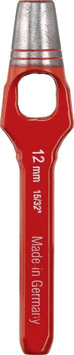 Un tagliacampi rosso con punta d'argento, diametro di 12 mm, inciso 'Made in Germany'.