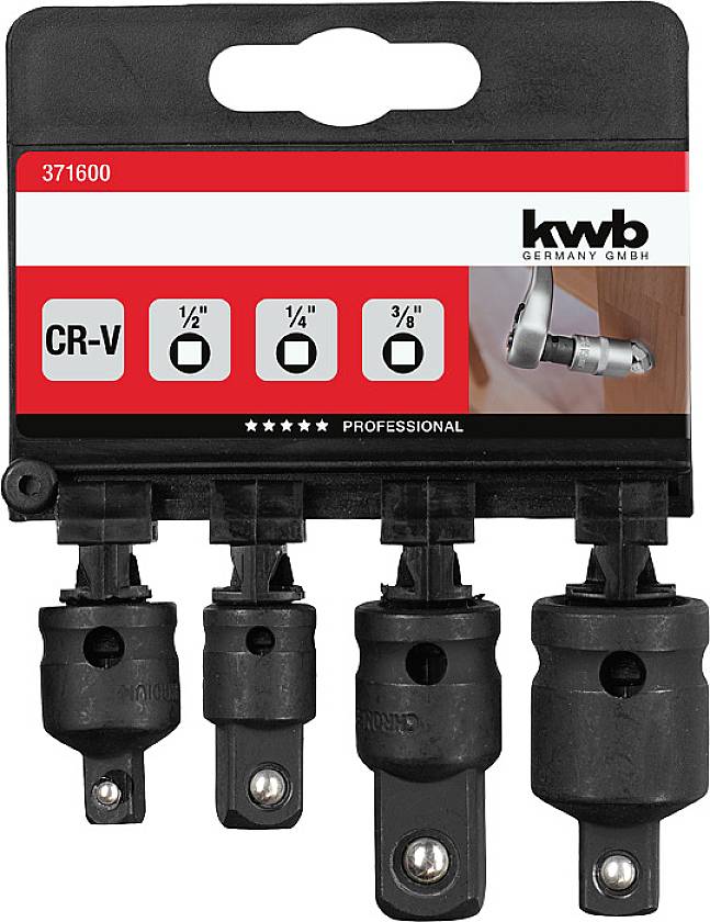 Quattro adattatori per chiavi a cricchetto fissati su una carta di imballaggio. Scritta 'CR-V'. Misure: 1/4", 1/2", 3/8". Marca: kwb Germany GmbH.