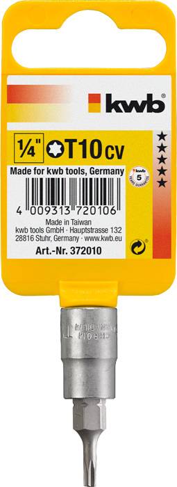 'kwb T10 cv Bit' per cacciavite, 1/4 di pollice. Prodotto a Taiwan, da kwb tools GmbH, Germania. Cod. art. 372010.