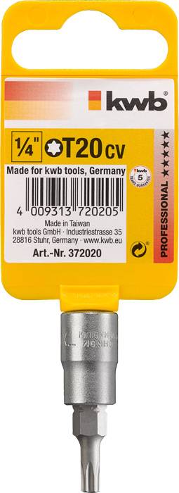 'Kwb T20 cv Bit, 1/4 di pollice, prodotto per kwb tools in Germania, proveniente da Taiwan. Confezione riporta codice a barre e informazioni sul prodotto.'