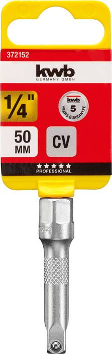 Adattatore 'kwb 1/4" 50 mm' per utensili, con etichetta rossa e gialla, presenta segni di garanzia e qualità.