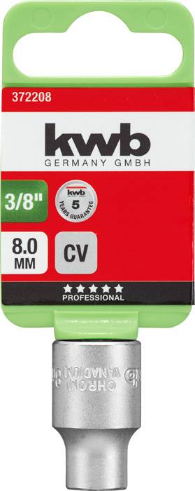 Illustrazione di una chiave a bussola kwb con attacco da 3/8", misura 8 mm, adatta per professionisti CV, su sfondo verde e rosso.