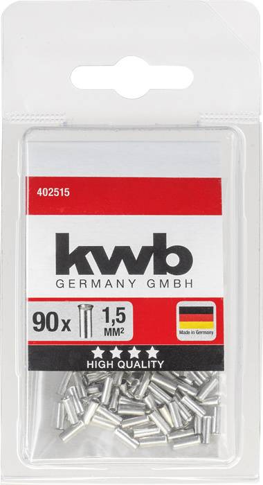 Confezione con 90 manicotti argentati, ciascuno da 1,5 mm². Etichettatura: 'kwb GERMANY GMBH', 'HIGH QUALITY'. Fatto in Germania.