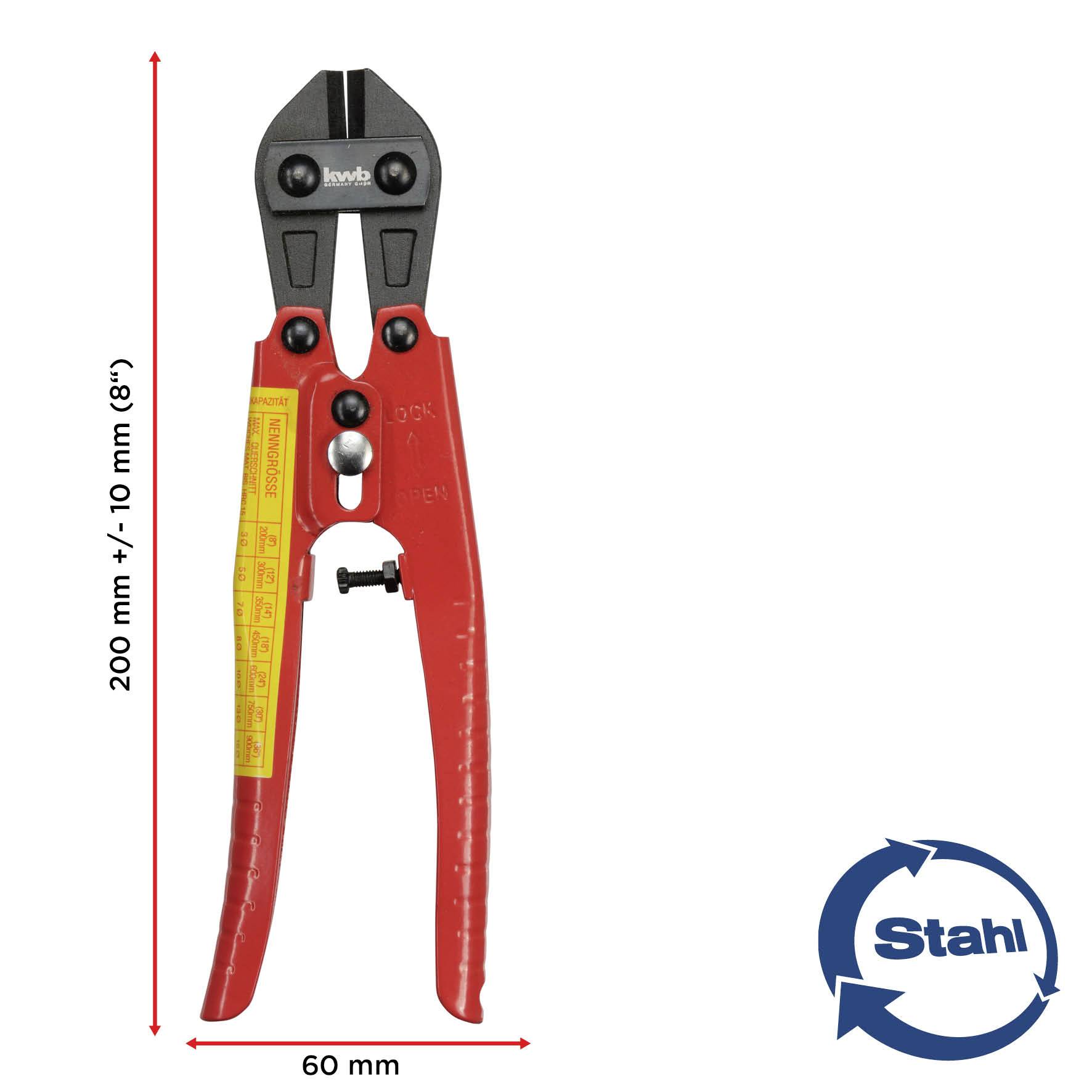 Tronchese rossa per bulloni, lunghezza 200 mm, larghezza 60 mm, marca in acciaio, idonea al taglio di barre metalliche, viti e fili.