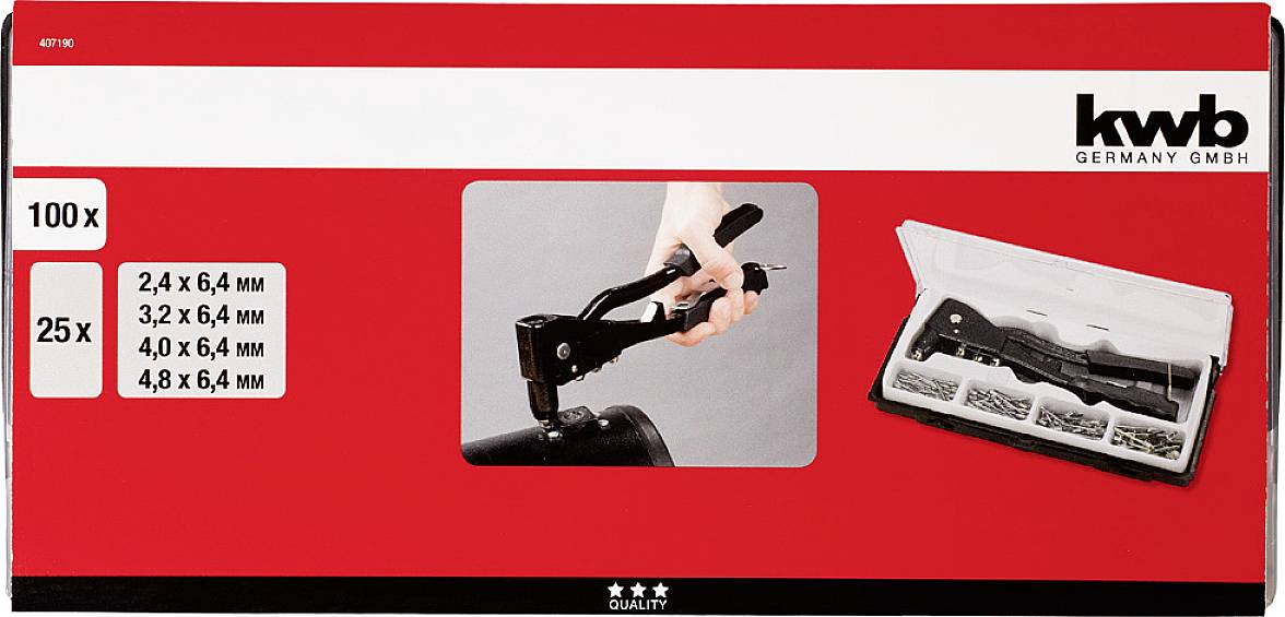 Una confezione rossa per una pinza per rivetti con accessori. Mostra una mano che usa la pinza e una scatola aperta con rivetti.