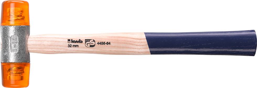 Un martello con testa in plastica arancione e manico in legno. Contrassegnato con '32 mm' e '4458-04'.