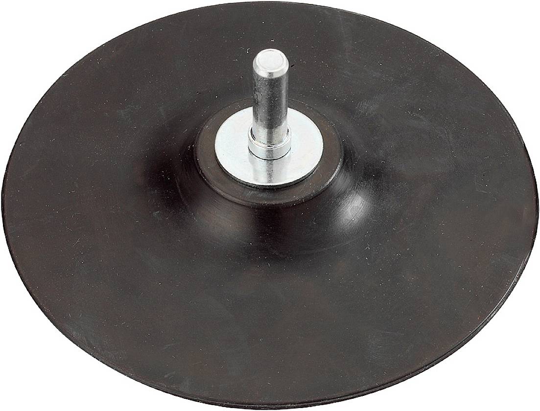 Supporto di fissaggio nero rotondo in plastica con perno metallico al centro. Utilizzato per fissare dischi abrasivi su macchine.
