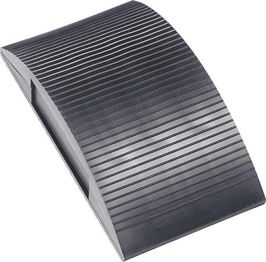 Fermatore nero in plastica a cuneo con superficie scanalata per impedire lo scorrimento delle ruote.
