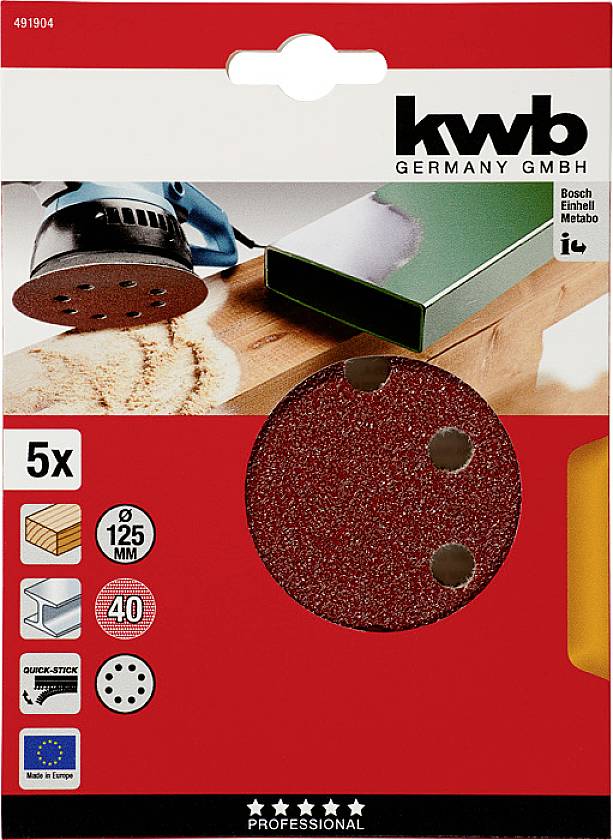 'Dischi abrasivi, diametro 125 mm, per legno e metallo. Contiene 5 pezzi. Illustrati su confezione rossa con foto applicativa.'
