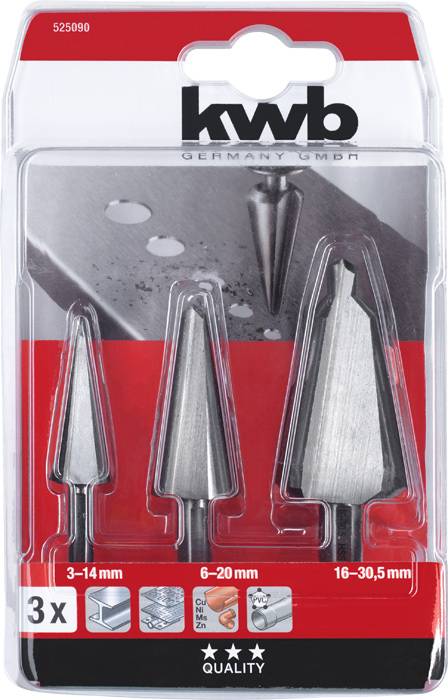 'Set di tre punte a gradini, contiene punte nelle misure: 3-14 mm, 6-20 mm, 16-30,5 mm. Confezione di kwb Germany.'