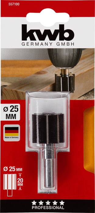 'KWB Germany GmbH' Sega a foro con diametro di 25 mm, adatta per lavori di foratura. Confezione in rosso e nero con immagine del prodotto.