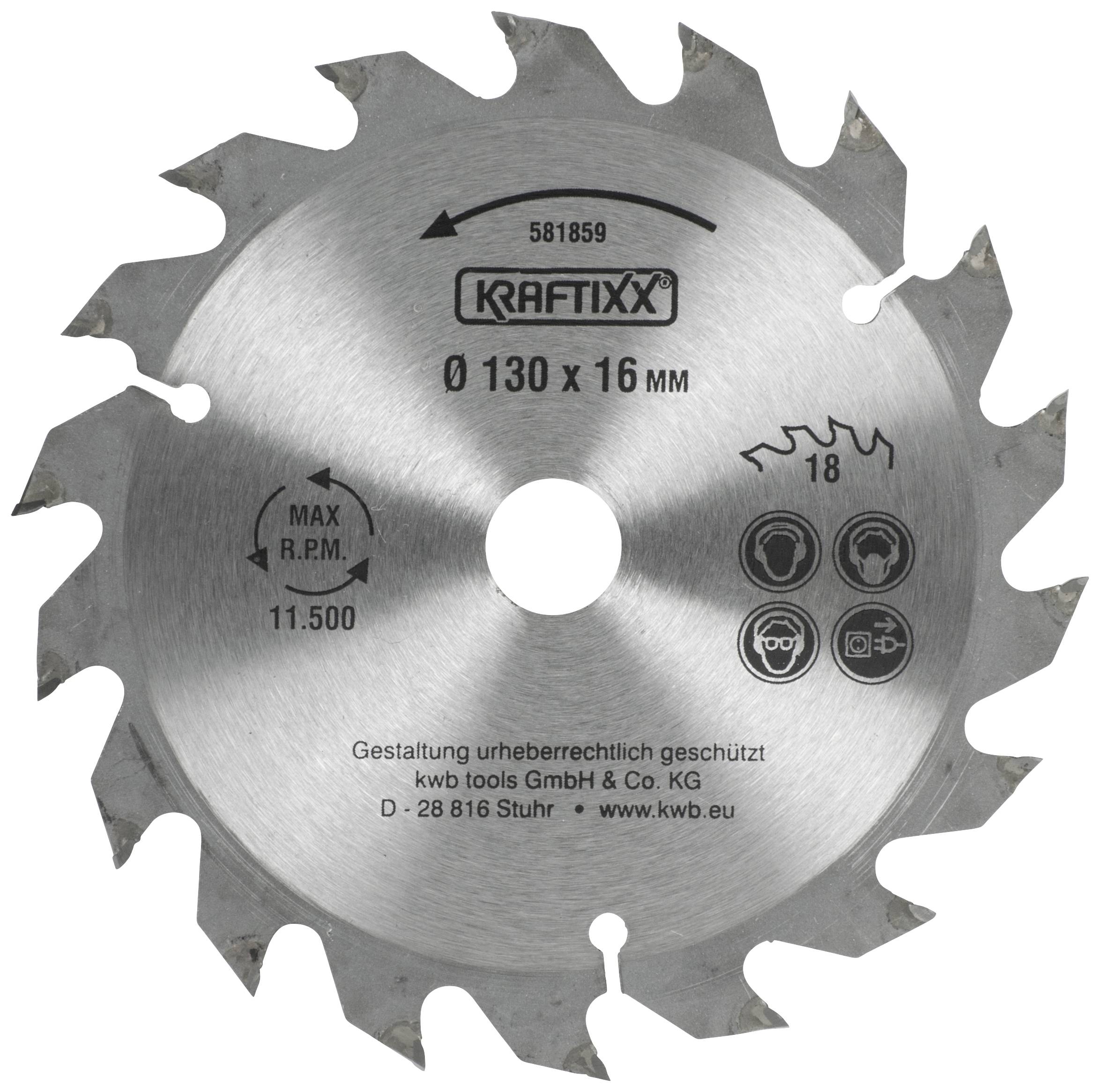 'Lama da taglio con scritta Ø 130 x 16 mm, massimo 11.500 giri/min. Simboli per dispositivi di protezione e informazioni del produttore.'