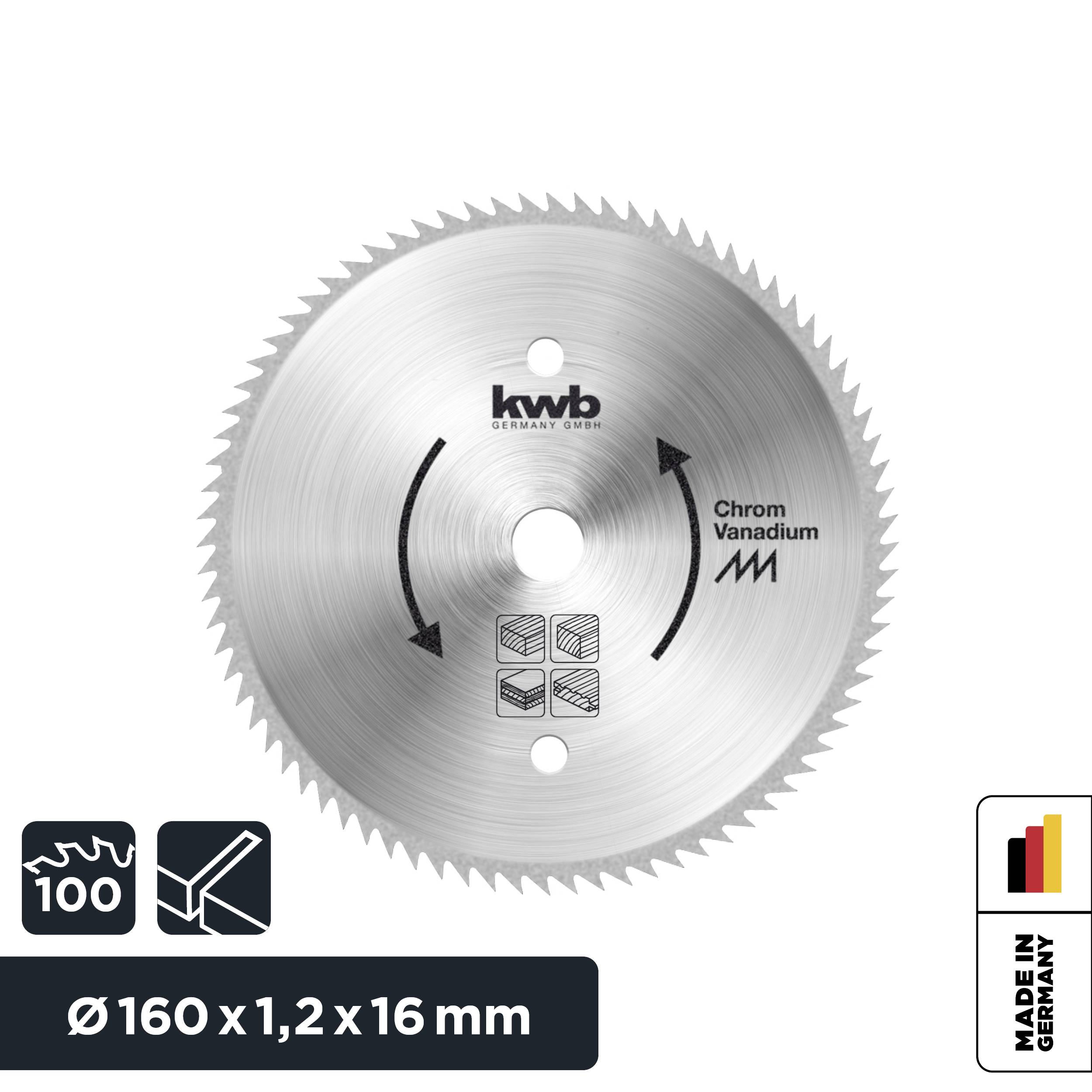 Lama per sega circolare in cromo-vanadio, contrassegnata con 'kwb Germany GmbH'. Misure: Ø 160 x 1,2 x 16 mm. Fabbricata in Germania.