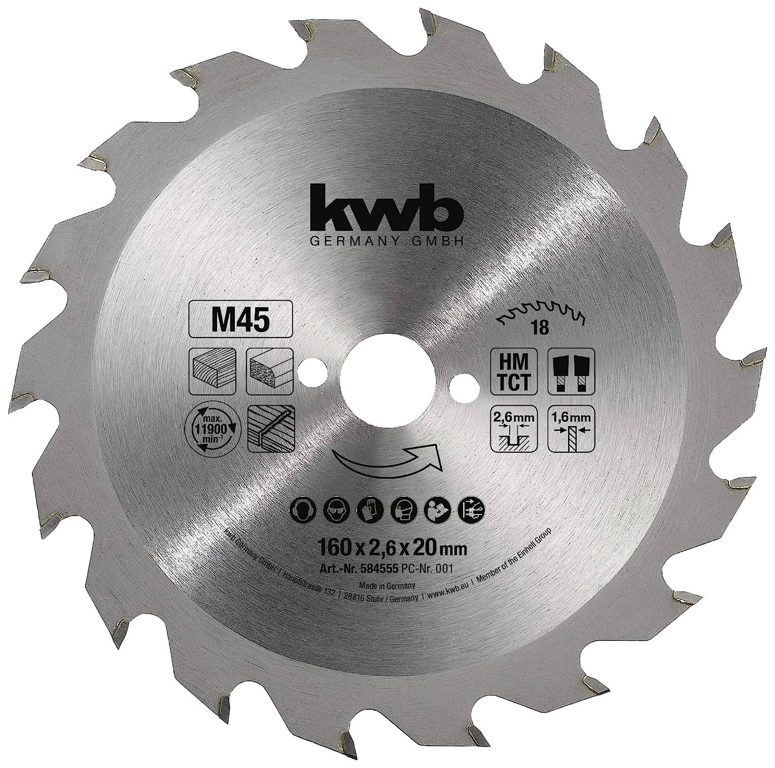 Lama per sega circolare in metallo con denti, marca 'kwb Germany', diametro 160 mm, foro da 20 mm, idonea per materiali in legno.