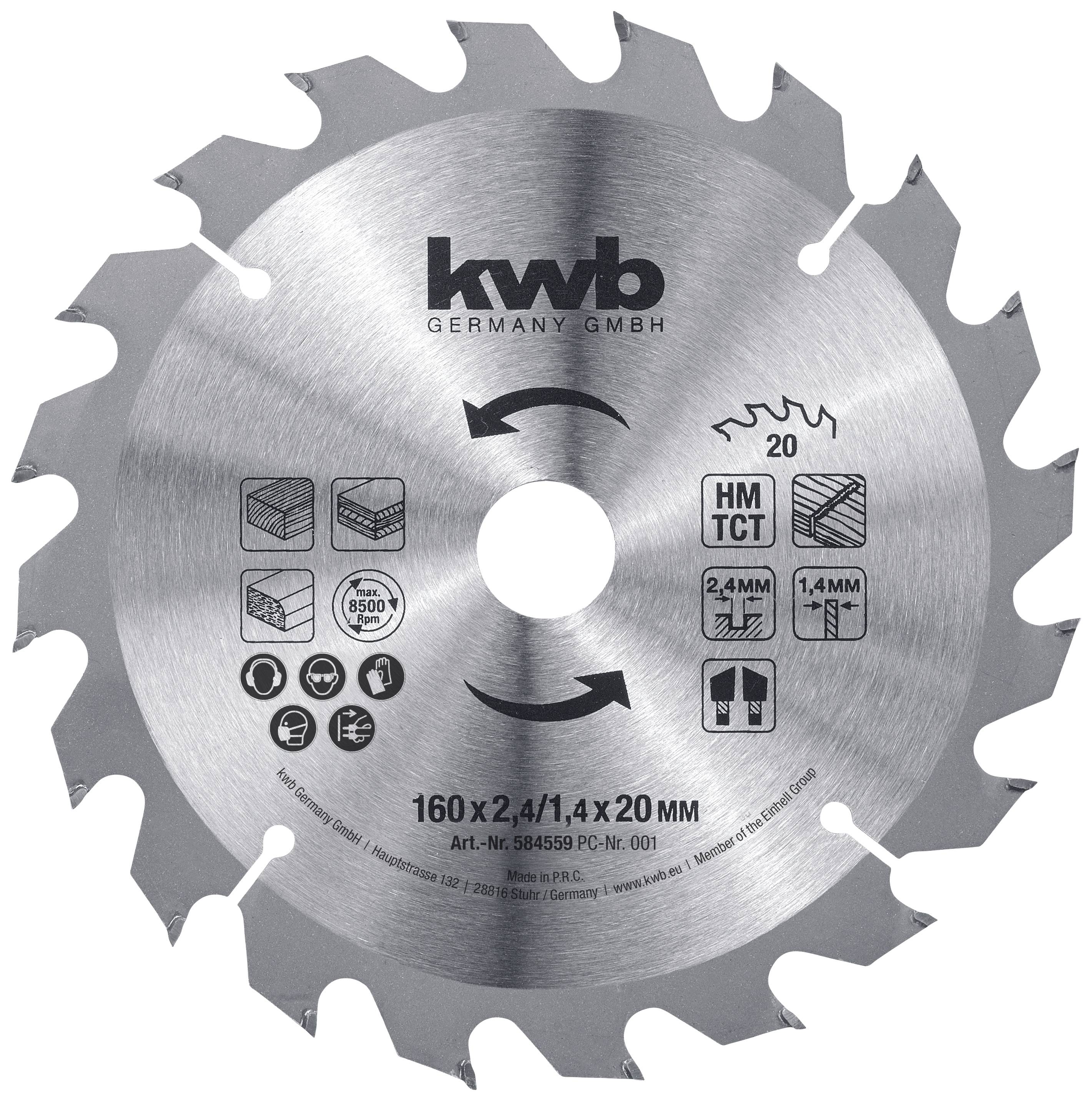 Lama per sega circolare in metallo con vari simboli e specifiche: 160x2,4/1,4x20 mm, 20 denti, adatto per il legno.
