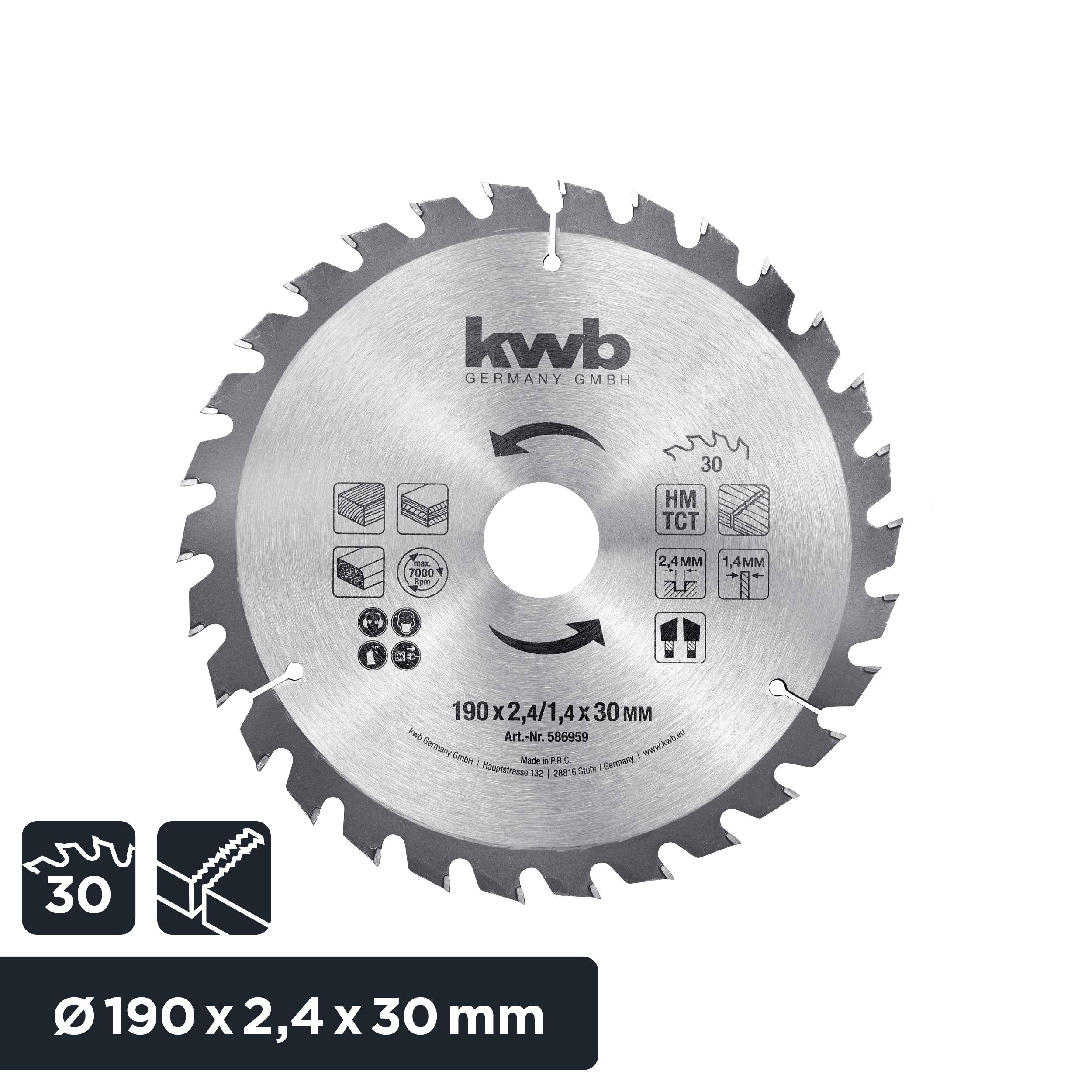 'Lama per sega circolare kwb, diametro 190 mm, spessore 2,4 mm, foro 30 mm, 24 denti per legno e laminato.'