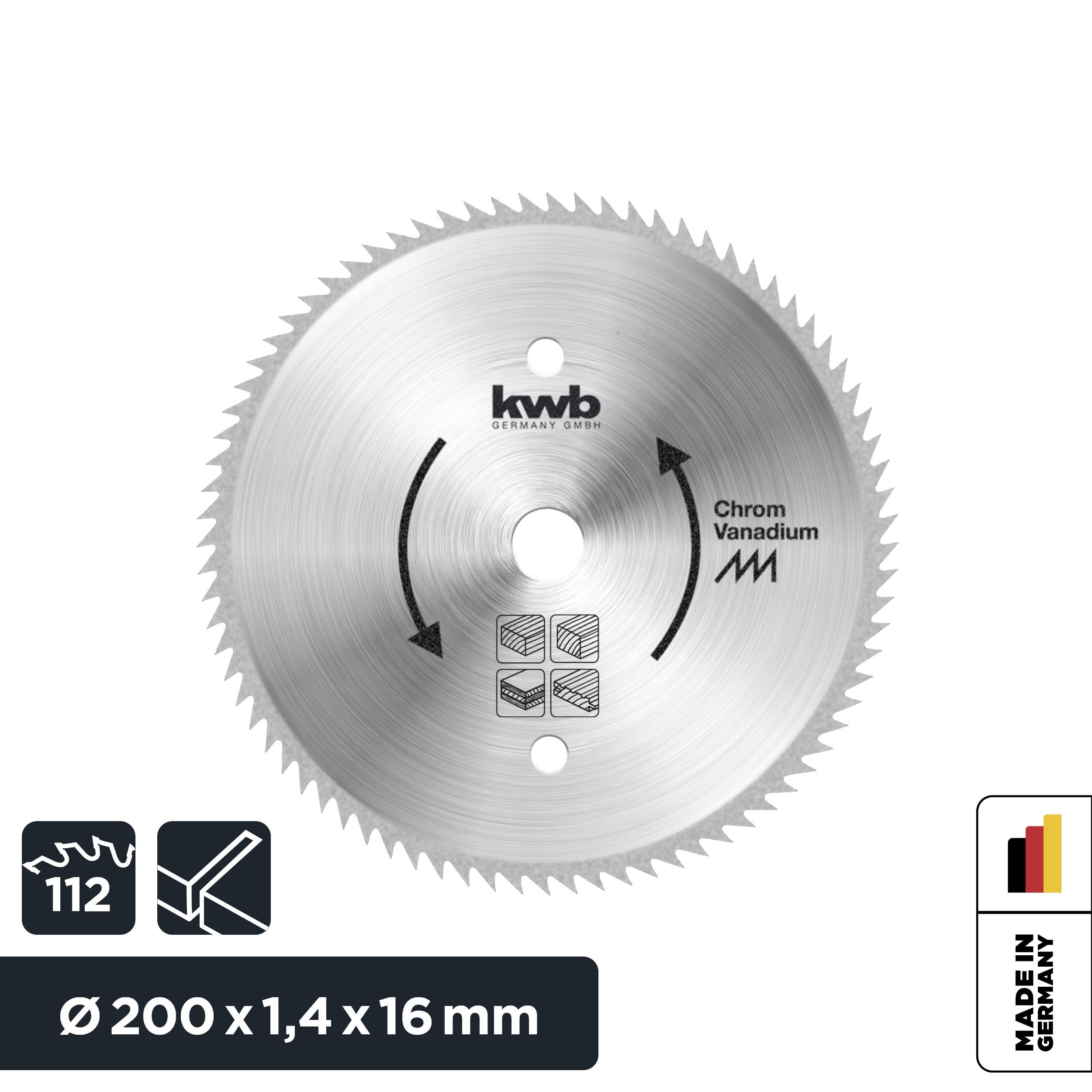 Lama per sega circolare in acciaio Cromo-Vanadio, diametro 200 mm, spessore 1,4 mm, frecce indicano il senso di rotazione, accanto all'etichetta 'Made in Germany'.