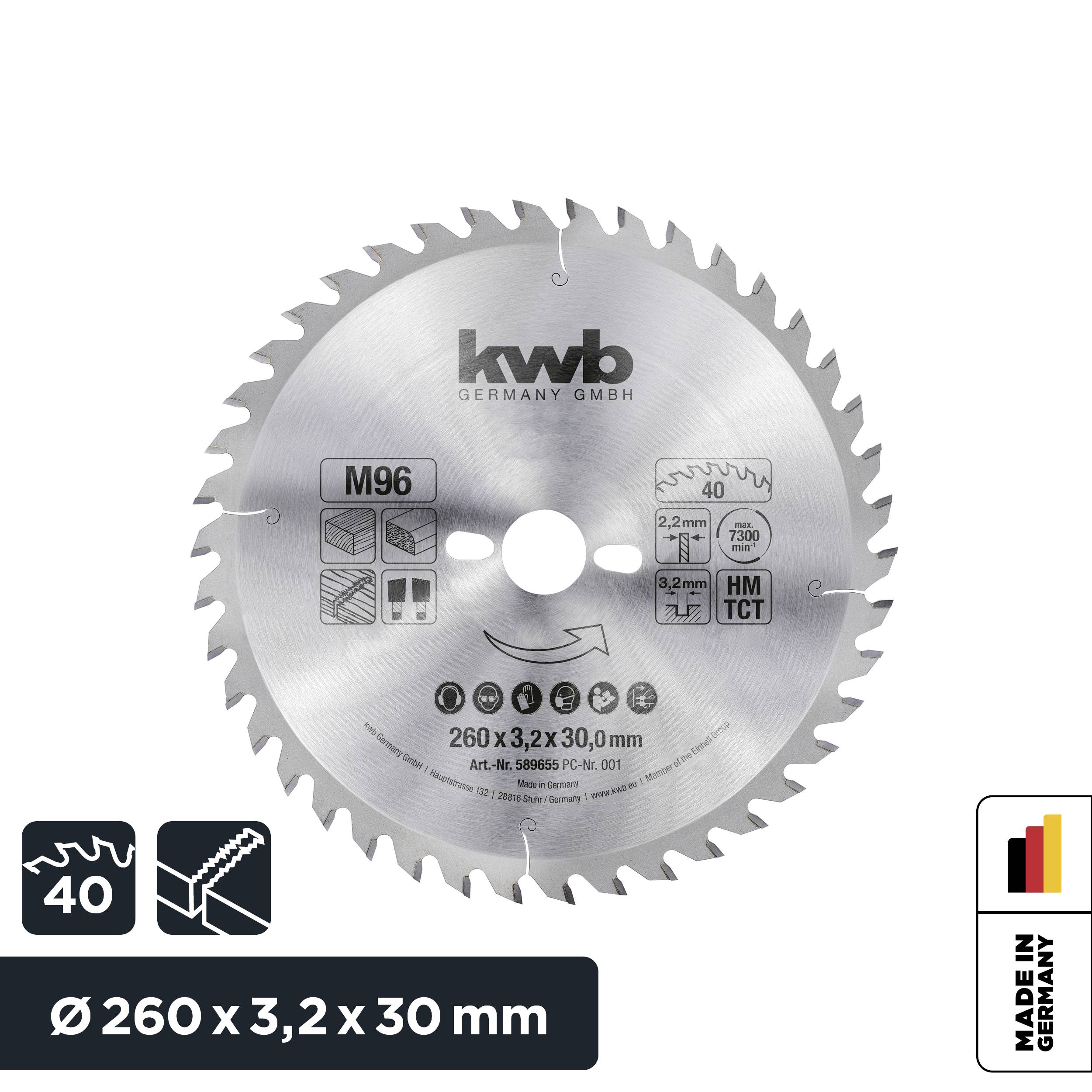 Una lama da sega in argento con 40 denti. L'iscrizione riporta 'kwb GERMANY GMBH' e 'Ø 260 x 3,2 x 30 mm'. I loghi indicano qualità e dimensione.