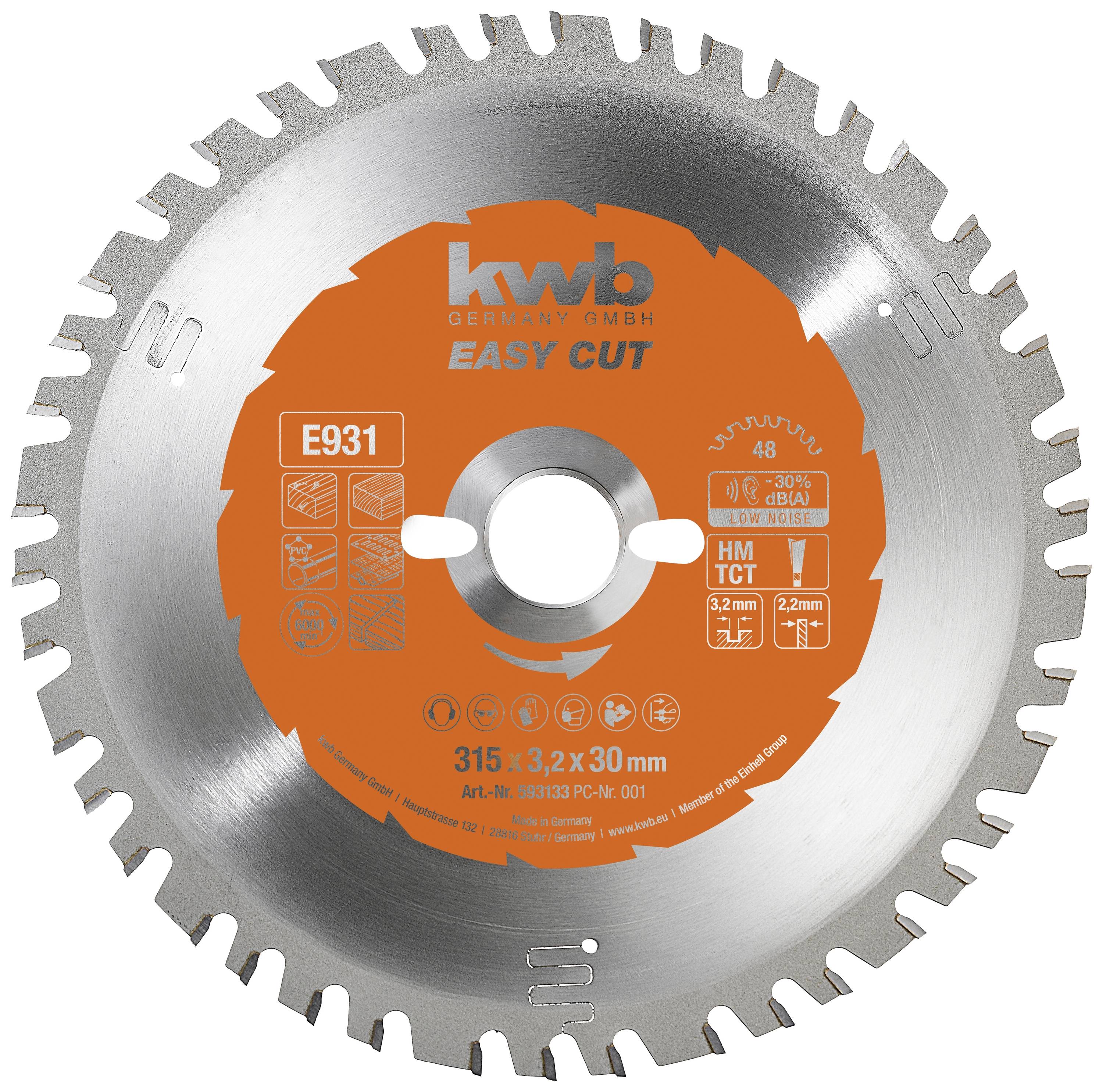 Lama per sega circolare con scritta arancione 'kwb Germany GmbH EASY CUT', misure '315 x 3,2 x 30 mm', 48 denti.