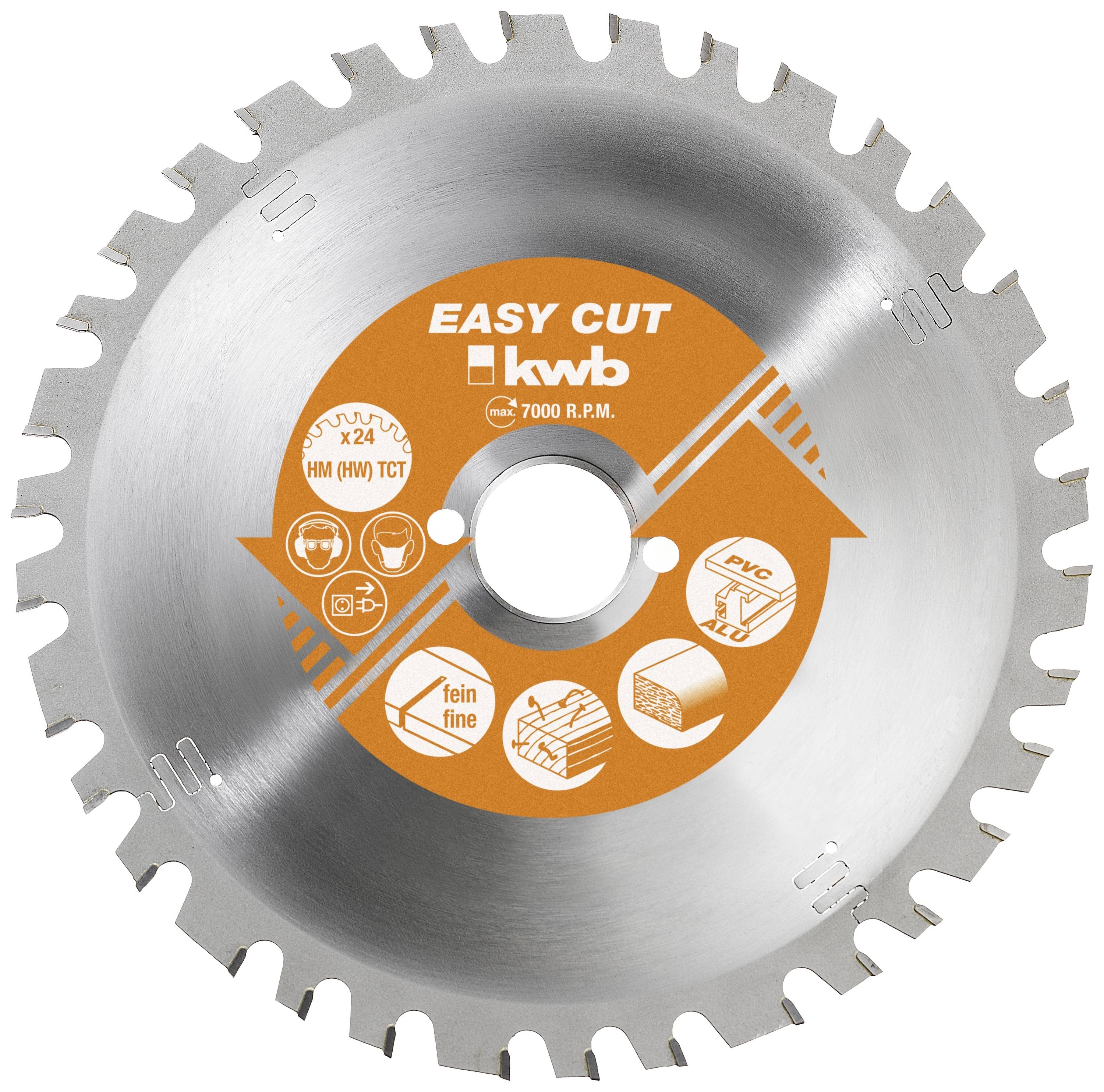 Lama di sega circolare con la scritta 'Easy Cut, kwb, 7000 G/min' al centro. I simboli indicano i materiali idonei: legno, plastica.