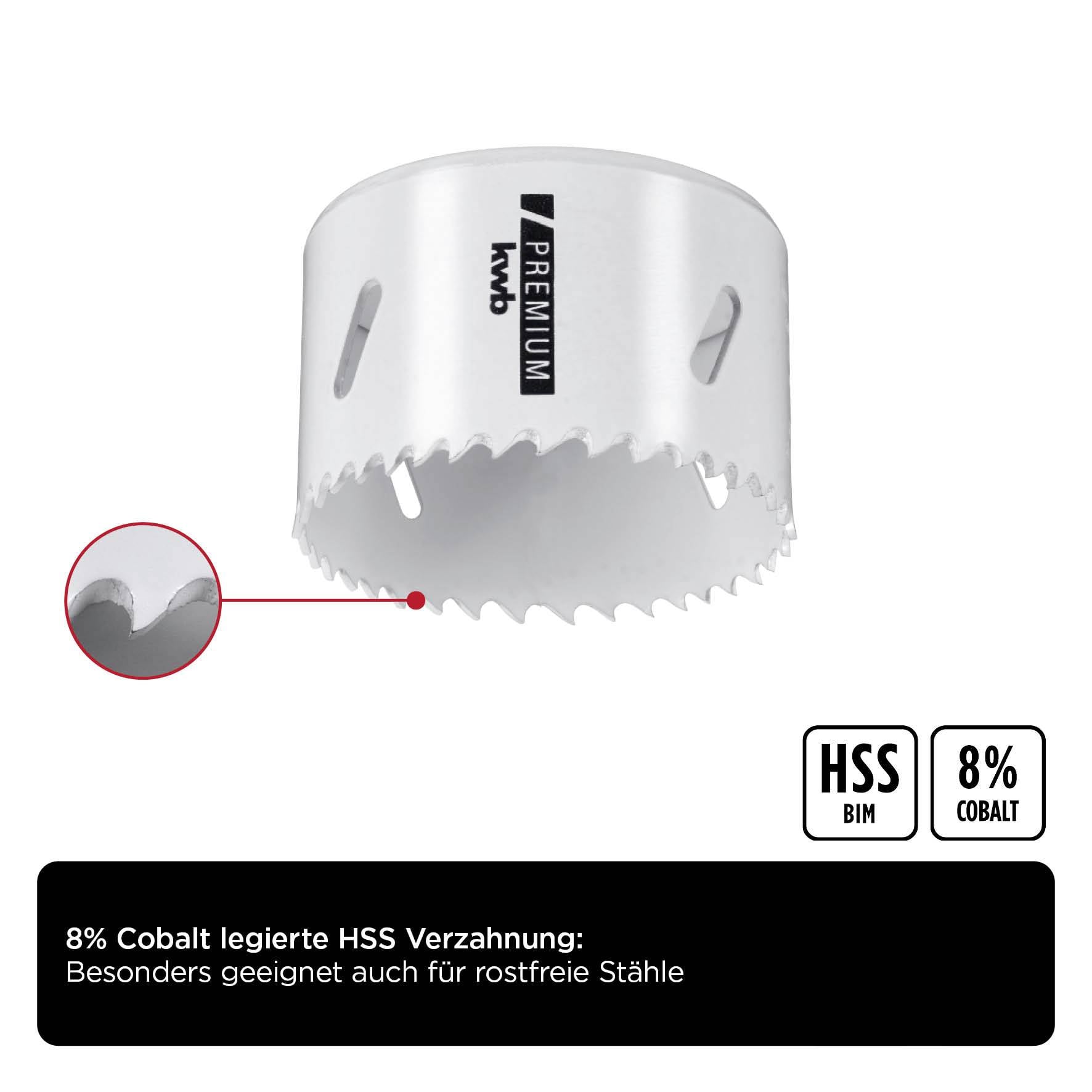 Sega a tazza HSS con dentatura, contenente l'8% di cobalto. Adatta per acciai inossidabili. Colore bianco, con tagli rettangolari sul lato.