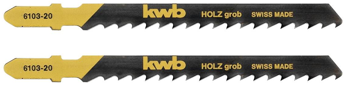 Due lame da sega nere con scritta gialla 'kwb LEGNO grossolano SWISS MADE' e numero '6103-20' per lavori in legno.