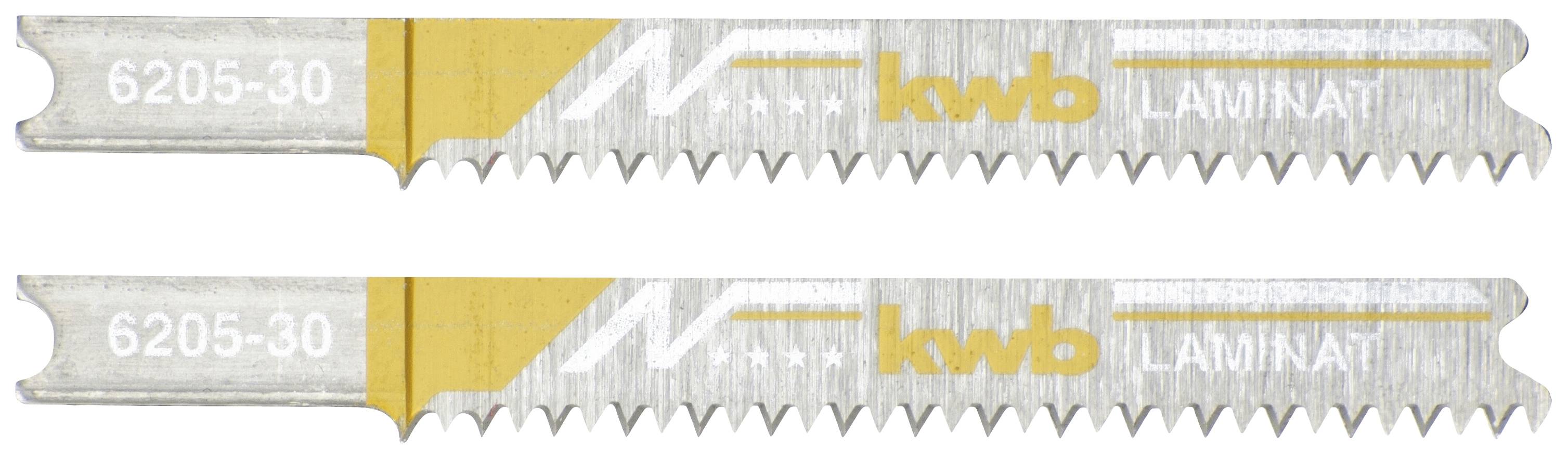 Due lame da sega per laminato con la scritta '6205-30' e 'kwb'. Sono argentate con marcature gialle, adatte per un taglio preciso.