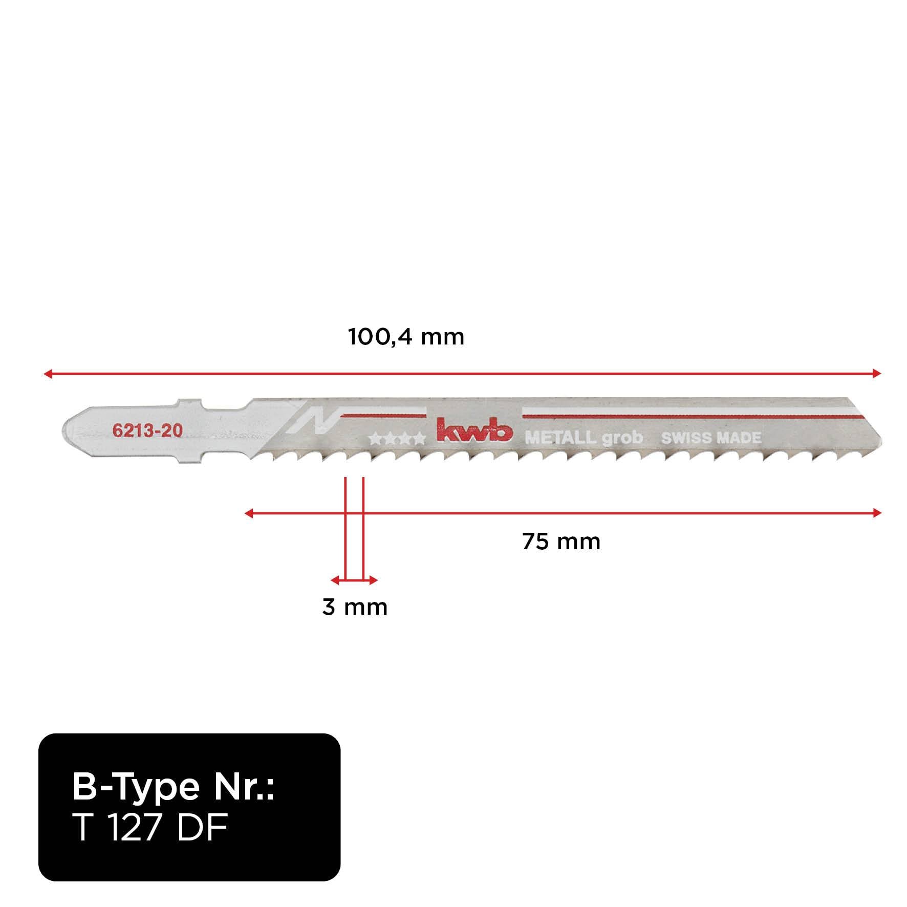 Lama per seghetto 'kwb', taglio grossolano per metallo. Lunghezza: 100,4 mm, lunghezza utile dei denti: 75 mm, dimensione denti: 3 mm, Swiss Made.