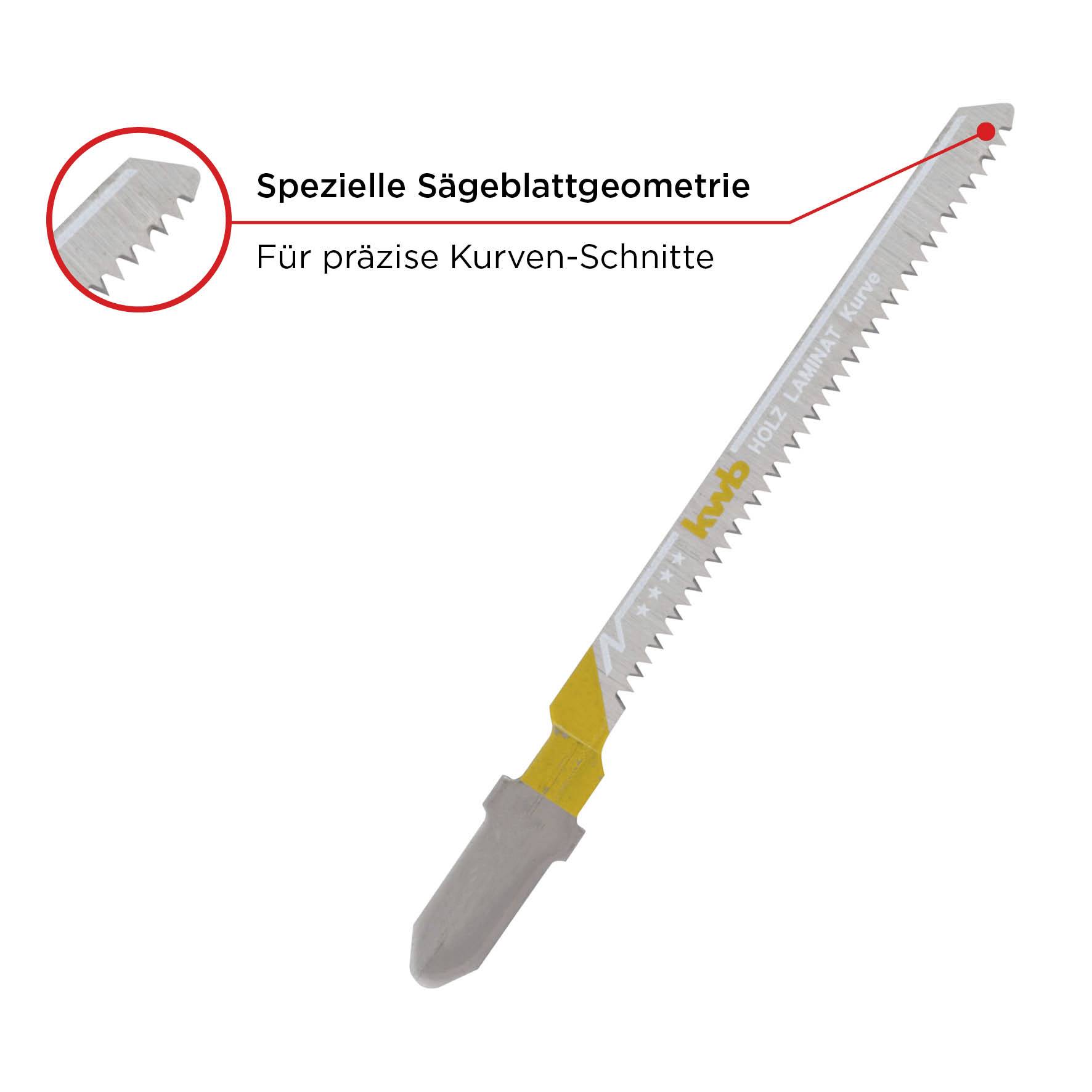 Una lama da taglio con geometria speciale per tagli curvi precisi. L'etichetta evidenzia il design dei denti della sega.