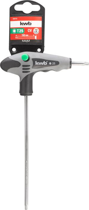 Cacciavite T con inserto T25 di kwb, impugnatura grigia e lunga asta metallica. La confezione indica una lunghezza di 150 mm.