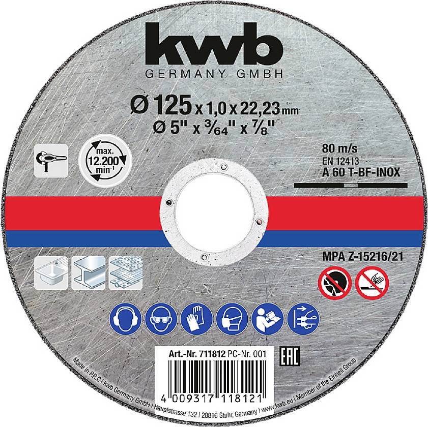 Disco abrasiva con scritta 'kwb GERMANY GMBH'. Diametro 125 mm. Max. 12.200 giri/min. Adatta per acciaio inossidabile. Simboli per misure di protezione.