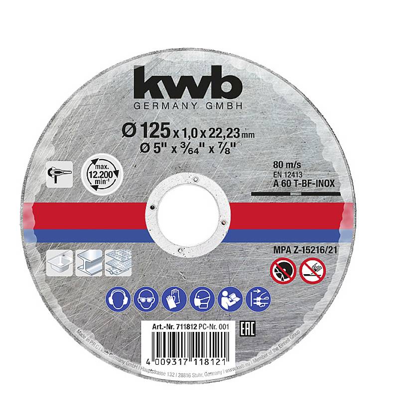 Disco abrasiva KWB, Ø 125 x 1,0 x 22,23 mm, adatta per metallo, velocità indicata: 80 m/s, corredata di simboli per istruzioni d'uso.