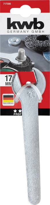 Una chiave inglese in argento del marchio 'KWB Germany GmbH' con dimensione 17 mm. La confezione ha un design rosso.