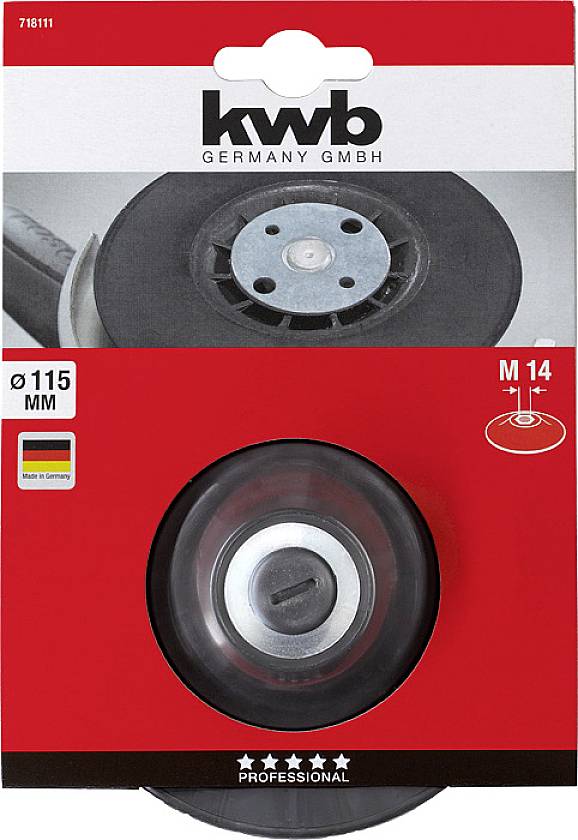 Confezione di un disco abrasivo da 'kwb Germany GmbH' con diametro di 115 mm e filettatura M14. Contiene il marchio di qualità tedesco.