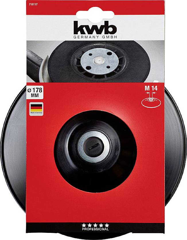 Confezione di un disco abrasivo del marchio 'KWB', adatto per smerigliatrice angolare, diametro 178 mm, raffigurato con la bandiera tedesca.